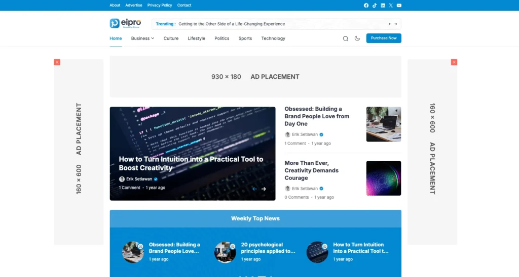 Tampilan tema WordPress berita EiPro News