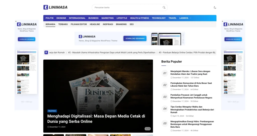 Tampilan tema WordPress berita Linimasa