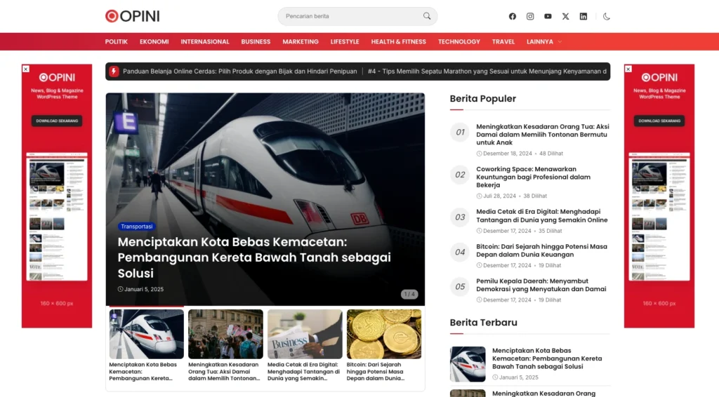 Tampilan tema WordPress berita Opini