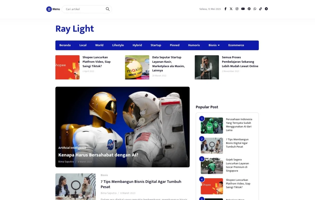 Tampilan tema WordPress berita Raylight