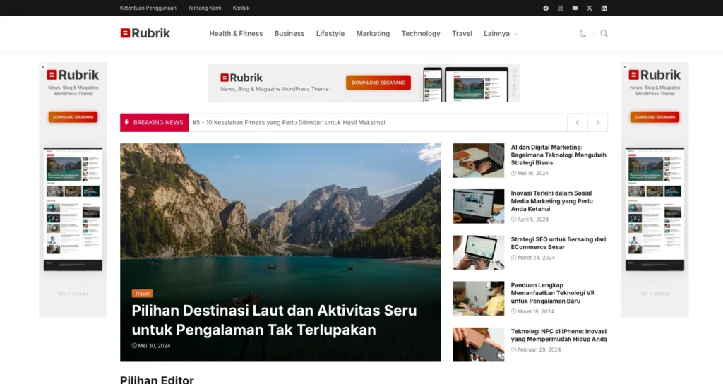 Tampilan tema WordPress berita Rubrik