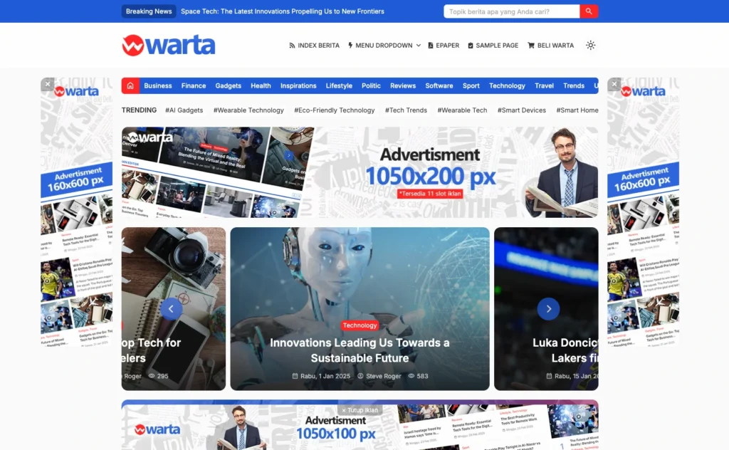 Tampilan tema WordPress berita Warta