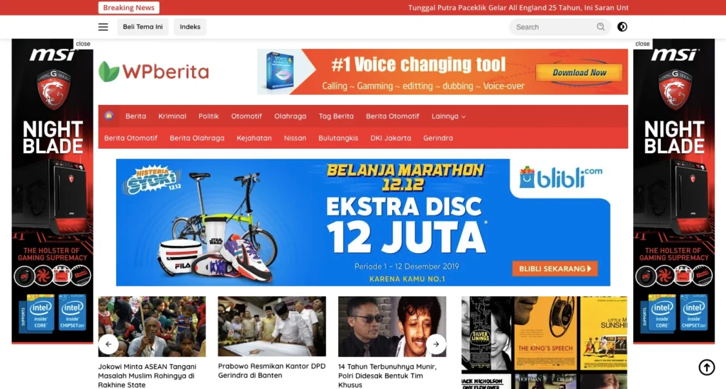 Tampilan tema WordPress berita WP Berita