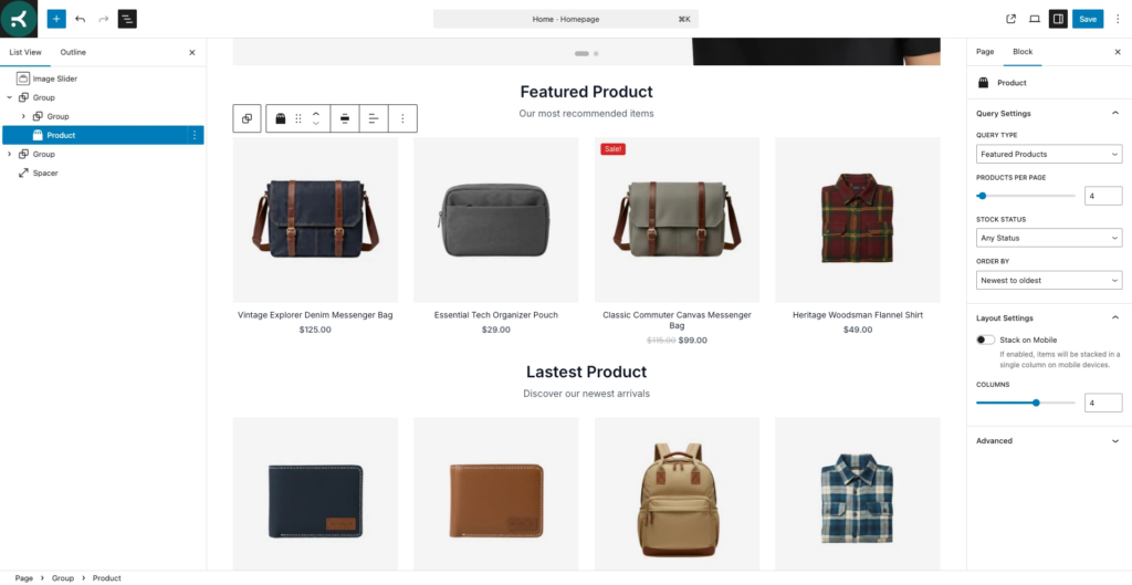 edit homepage tema toko online wordpress kubelio dengan gutenberg block editor